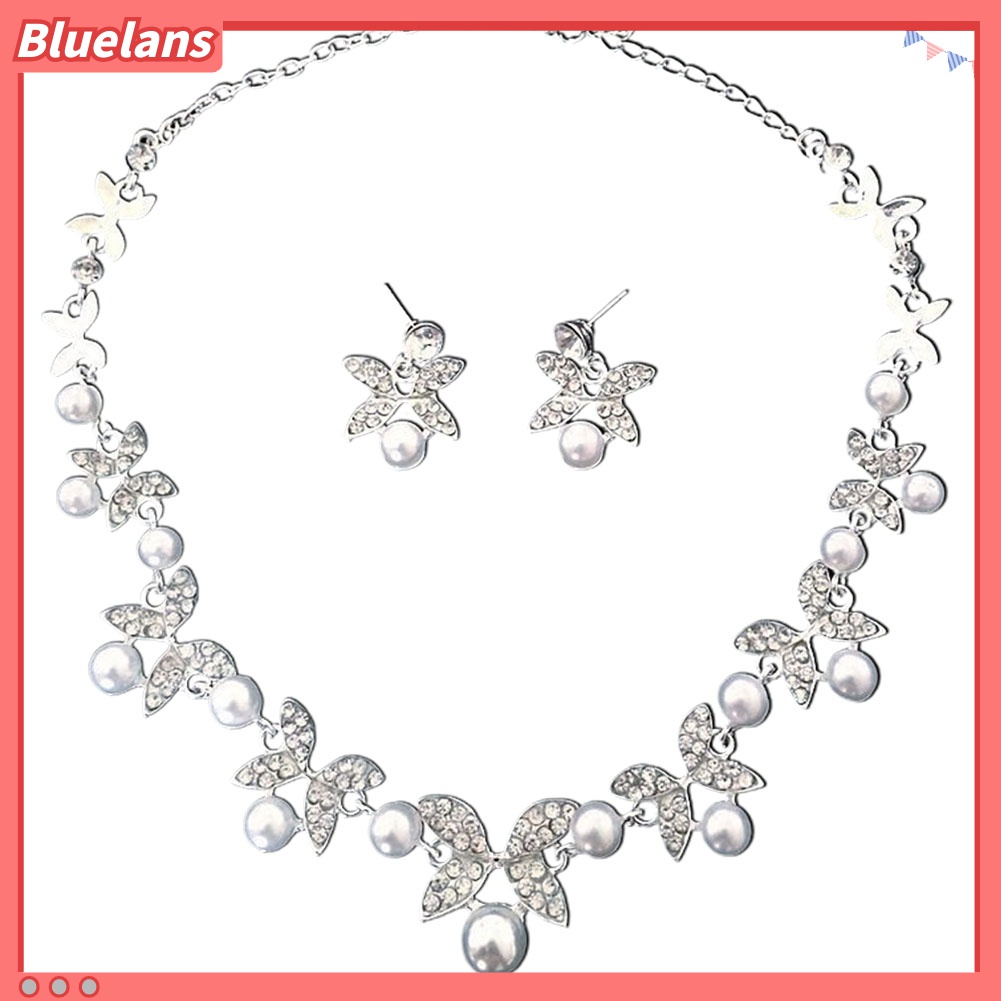 Set Perhiasan Kalung Anting Stud Rantai Mutiara Berlian Imitasi Untuk Pengantin Wanita
