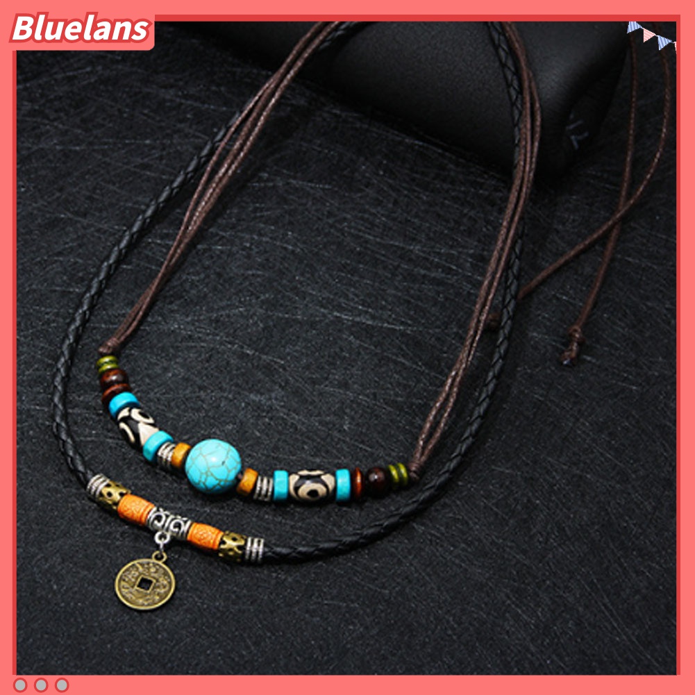 Kalung Choker Multilayer Dengan Liontin Koin Manik-Manik Turquoise Imitasi Untuk Pria
