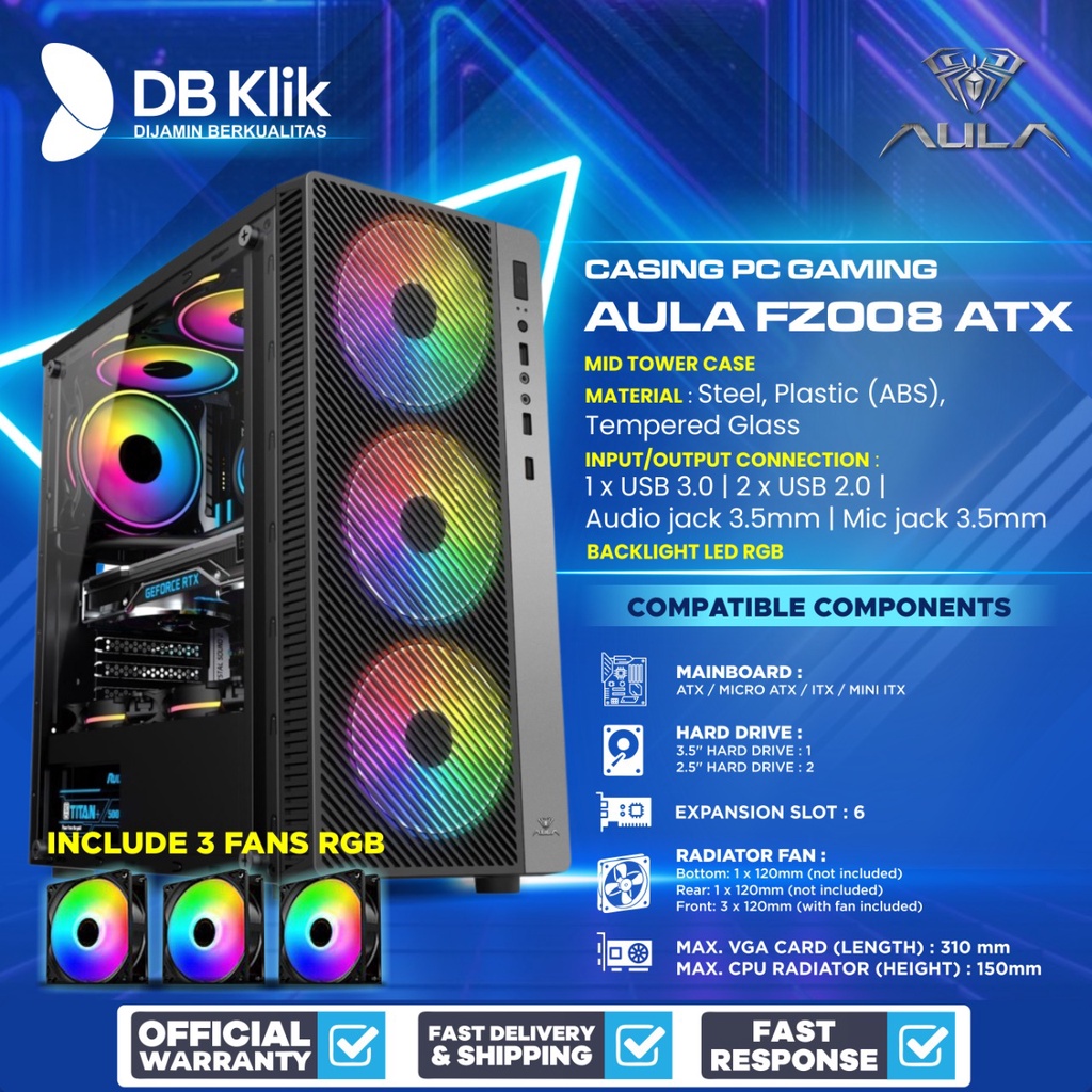 Casing PC Gaming AULA FZ008 ATX include 3 Fan RGB - Casing AULA FZ 008