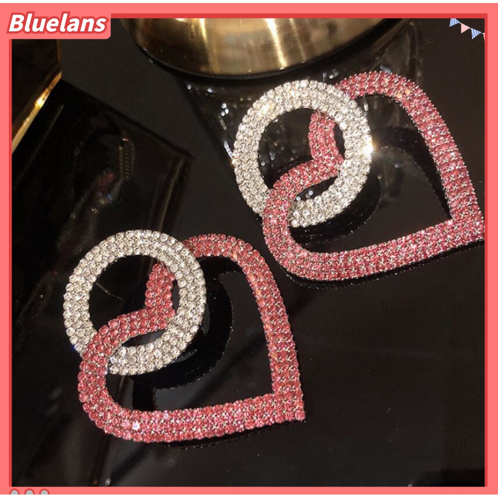 Anting Stud Berlian Imitasi Bentuk Hati Bulat Menjuntai Untuk Wanita