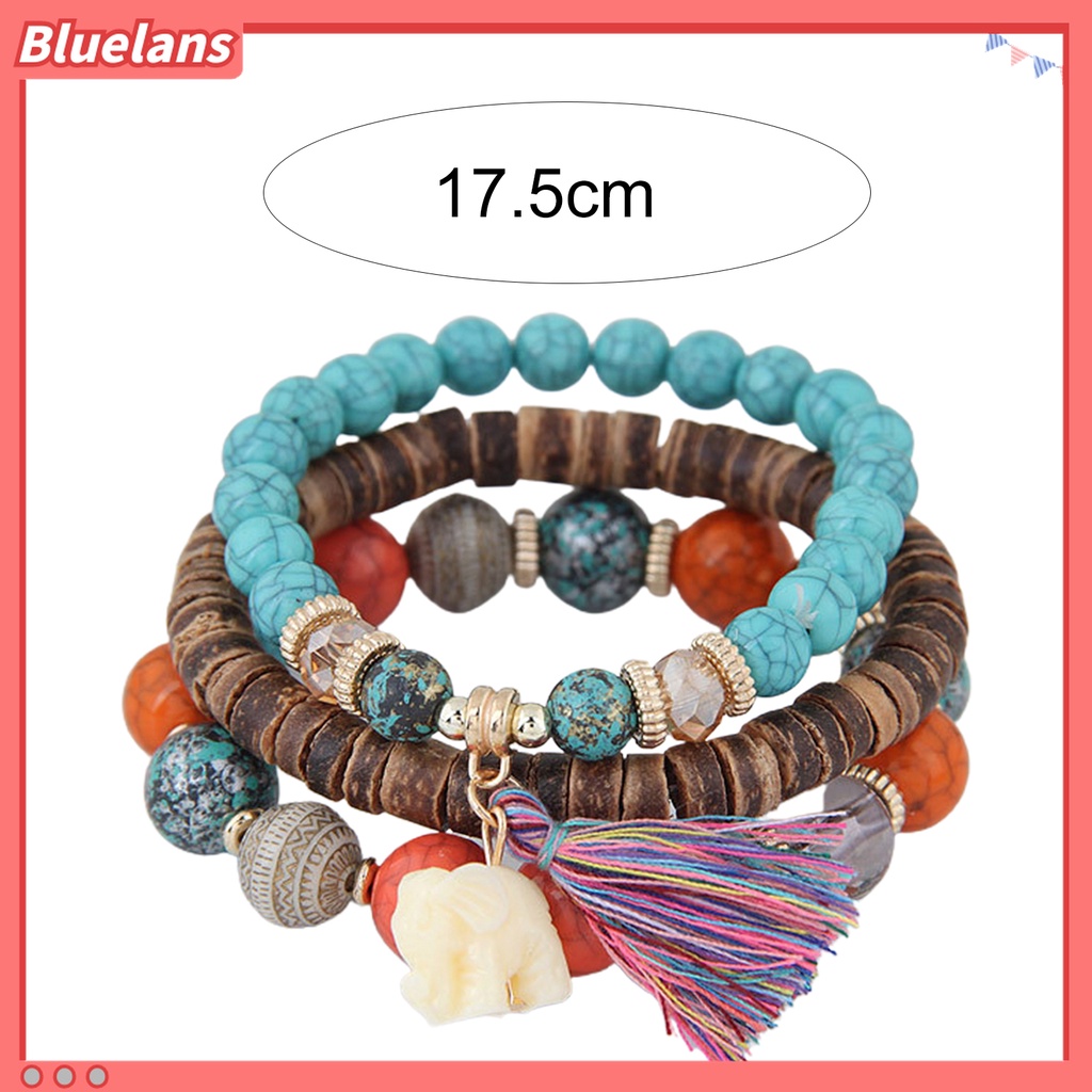 3pcs / Set Gelang Tali Elastis Multilayer Bahan Resin Hias Manik-Manik Gajah Rumbai Gaya Bohemia Untuk Wanita