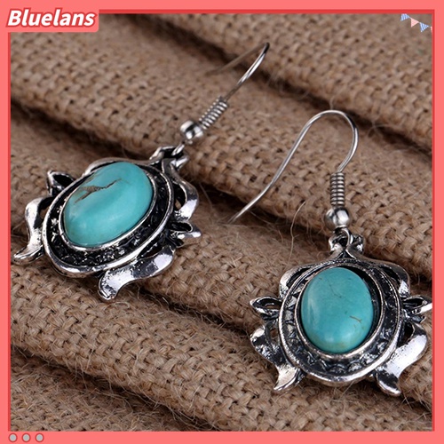 Set Perhiasan Kalung Anting Model Hollow Oval Turquoise Gaya Tibet Untuk Wanita