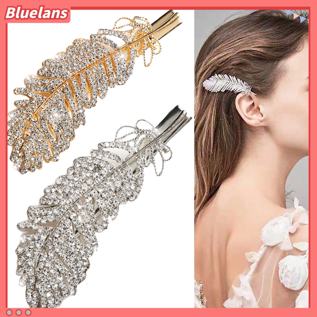 Bluelans Jepit Rambut Bentuk Bulu Aksen Berlian Imitasi Bahan Alloy Untuk Kencan