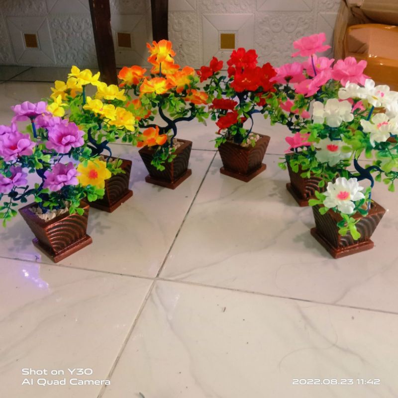 BUNGA PLASTIK + POT DAN BATU // ORNAMEN POT KAYU TANAMAN PAJANGAN ARTIFICIAL DEKORASI SUDUT RUANGAN/