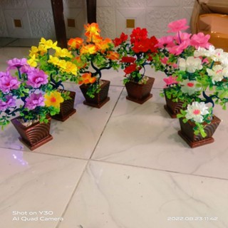 Image of BUNGA PLASTIK + POT DAN BATU // ORNAMEN POT KAYU TANAMAN PAJANGAN ARTIFICIAL DEKORASI SUDUT RUANGAN// SEMANGGI 25CM