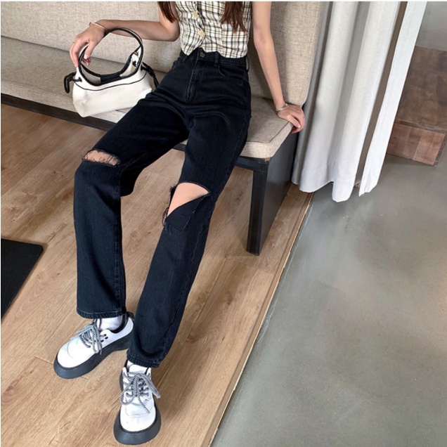 Hitam Import Fashion High Waist Robek Celana Jeans Panjang Wanita