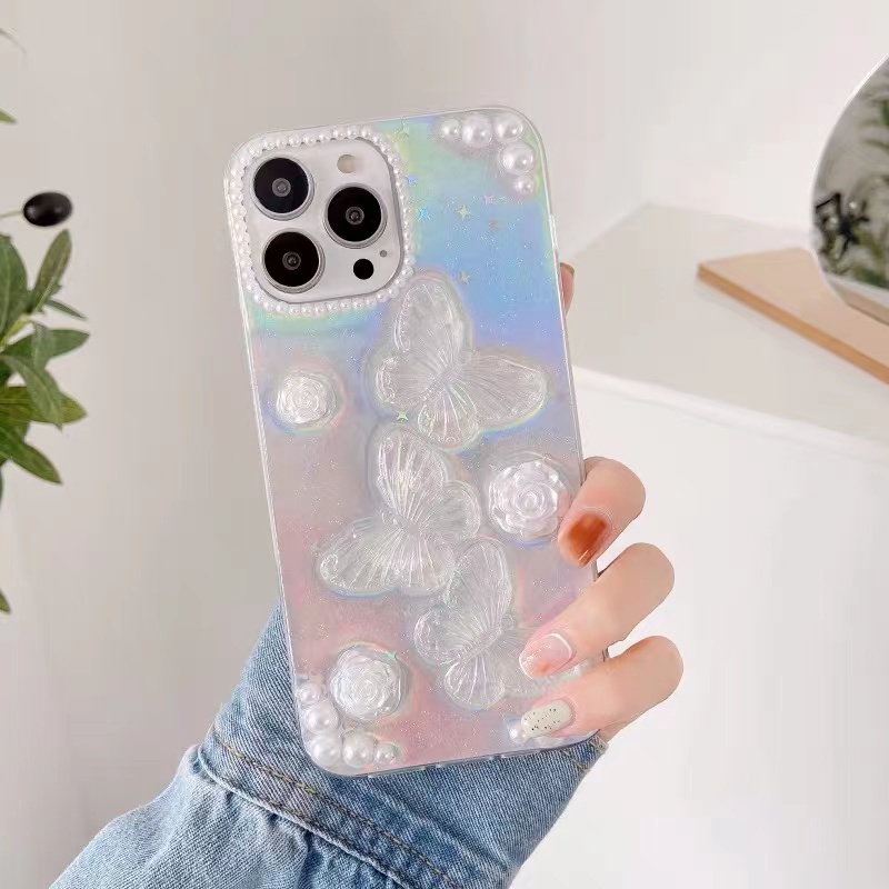 IPHONE Lucu 3D Busur Mutiara Kupu-Kupu Bening Casing Ponsel Untuk Iphone14 13 12 11 Pro Max XS Max XR X7 8plus Lensa Glitter Dilindungi Lembut Shockproof Cover