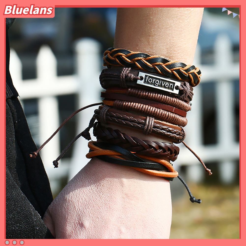 6pcs / Set Gelang Multilayer Bahan Kulit Imitasi Handmade Gaya Vintage Punk Untuk Pria