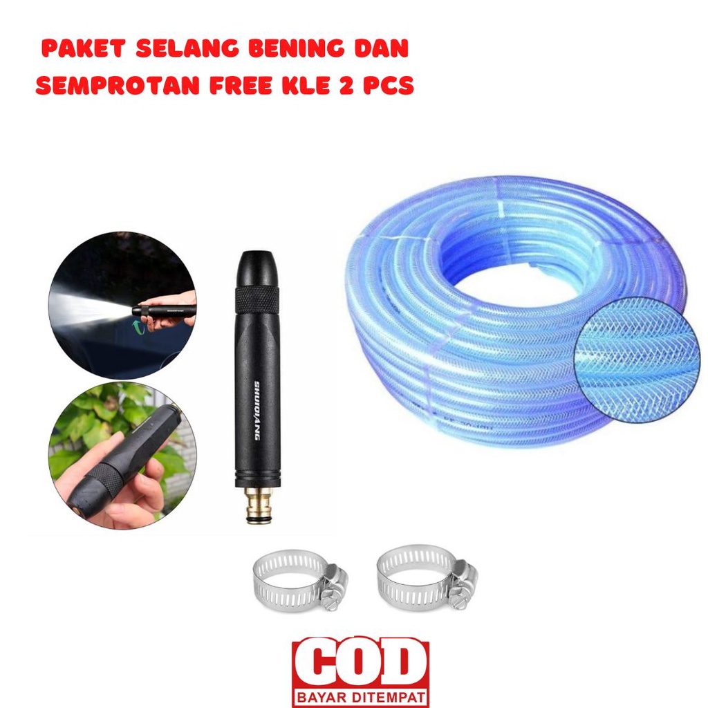 Tifaka - SATU SET SELANG SERAT BENANG BENING 1/2 INCH 1 MM + SEMPROTAN LURUS HITAM KUNINGAN + KLEM 2 PCS