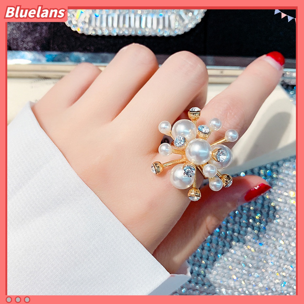 Cincin Jari Model Terbuka Bentuk Kepingan Salju Aksen Mutiara Berlian Imitasi Untuk Wanita