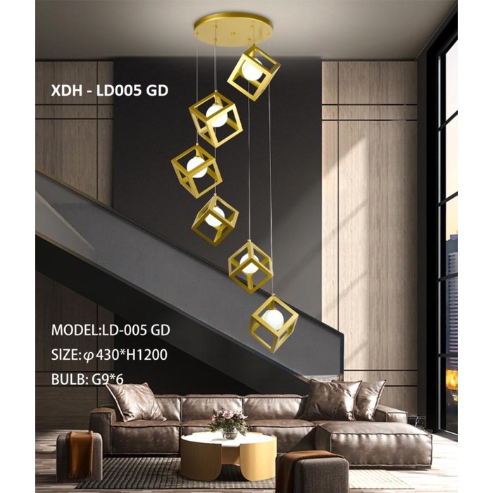 LAMPU GANTUNG TANGGA VOID GOLD KACA XDH-LD005 GD