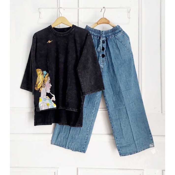 KULOT JEANS CARGO SET KAOS SALUR // Set Kulot Jeans Kaos Wash Blouse Salur / Setcel Jeans Wanita