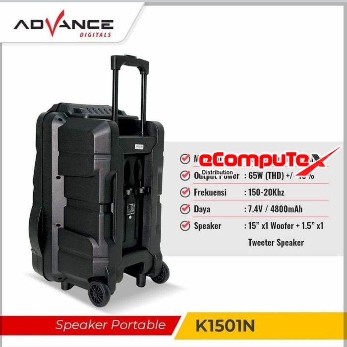 SPEAKER ADVANCE PORTABLE K-1501N K1501N BLUETOOTH 15 INCH KOPER + 1 MIC WIRELESS GARANSI RESMI