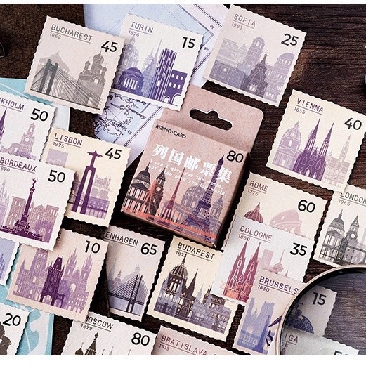 

46 Pcs Stiker Vintage Bentuk Perangko Stamp Sticker Scrapbook Diary DIY