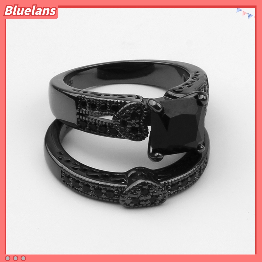 Bluelans 2Pcs Women Men Luxury Black Cubic Zircon Inlaid Finger Ring Jewelry Gift