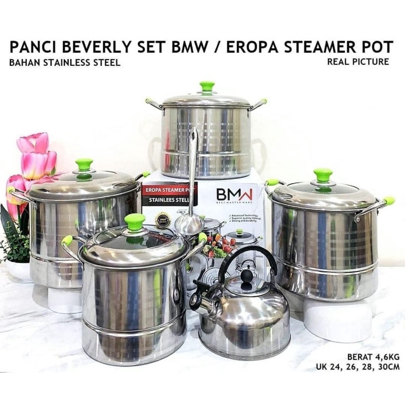 Panci Set Eropa Steamer Pot Teko Siul Stainless Steel BMW Tutup Kaca