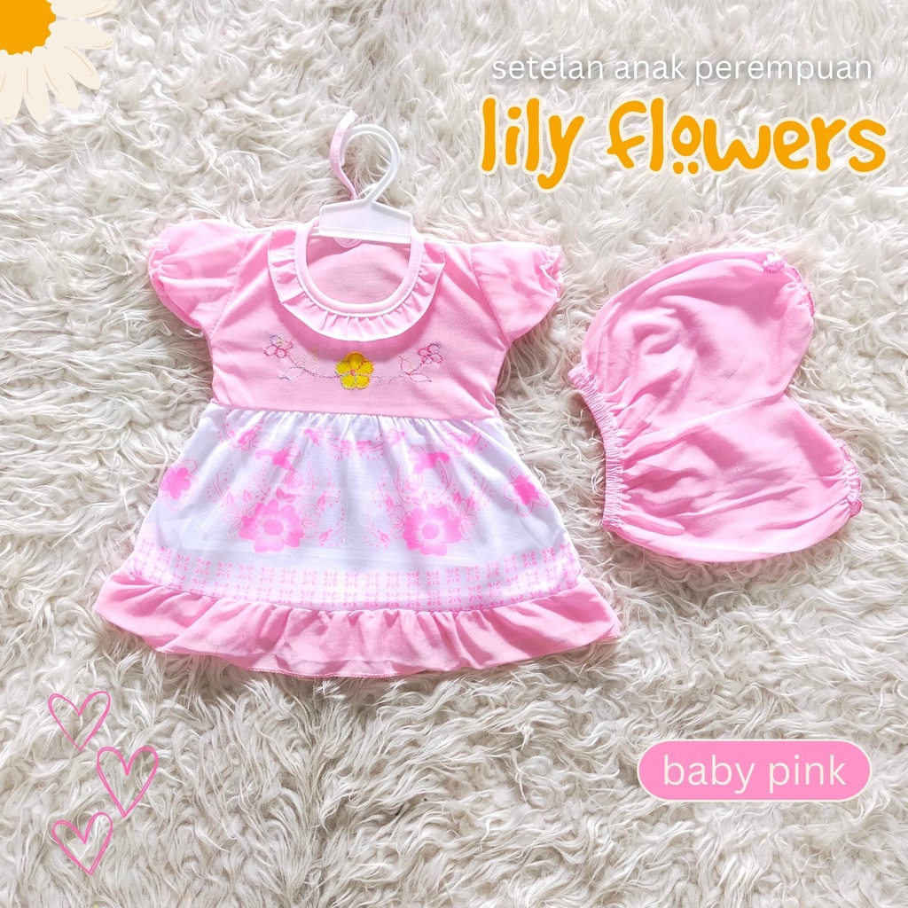 Setelan Anak Perempuan Motif Lily Flower Lucu Kekinian 0-9 bulan Setelan Ruffle - Set baju anak cewek stelan bayi