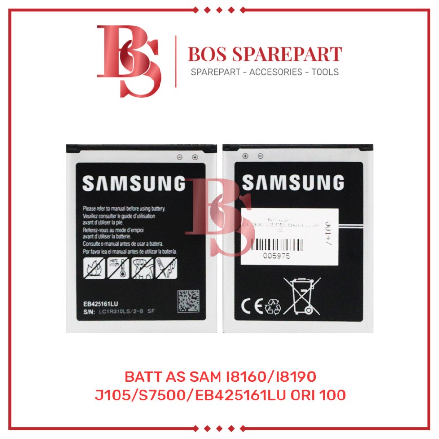 BATTERY AS SAMSUNG I8160/I8190/J105/S7500/EB425161LU ORI 100 / BATERAI / BATRE