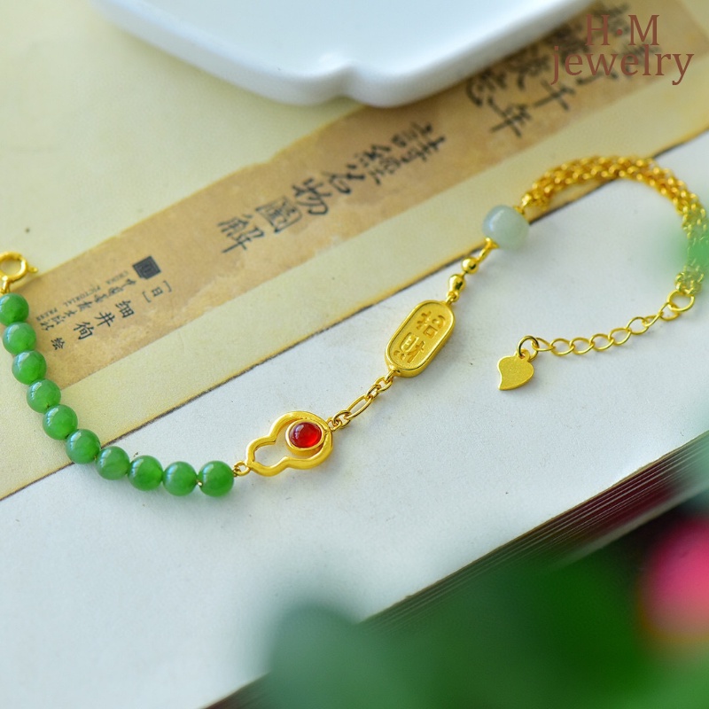 Gelang Tangan Manik-Manik Giok Hetian Natural Bentuk Apel Hijau Labu Gaya China