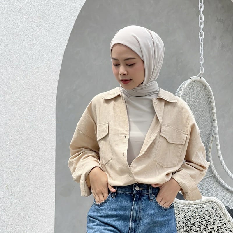 Tq88indonesia Fashion Kemeja Wanita Lengan panjang Terbaru / Clover Pocket CRINCLE Shirt / Kem / Hem Polos / Busana Casual Wanita / Ootd / Outfit Kasual Kekinian