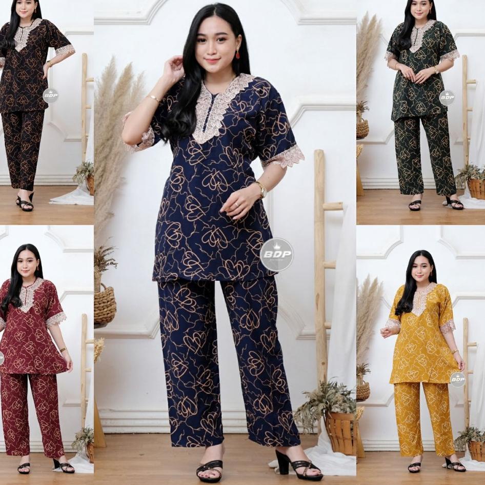 Setelan CP Arabian Motif Love Kombinasi Renda  One Set Wanita Santai Harian Murah Set Piyama {STD.18