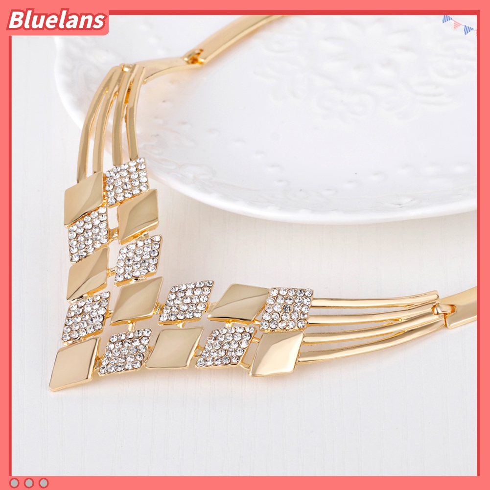 Bluelans Women KC Gold Plated Rhombus Shape Necklace Earrings Rhinestones Jewelry Set