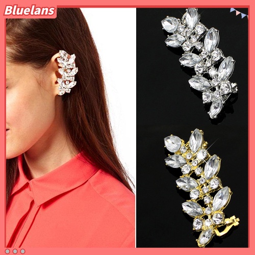 Anting Klip Bentuk Daun Aksen Kristal Berlian Imitasi Gaya Punk Untuk Wanita Charms