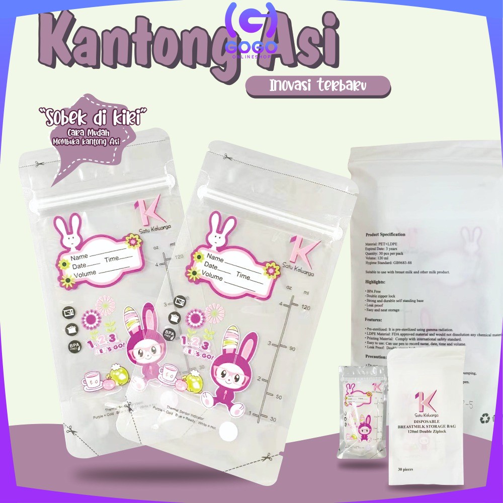 GOGO-C264 Kantong Asi 120ml Isi 30 dengan THERMAL SENSOR Plastik Asi Breastmilk Storage Bag BPA FREE