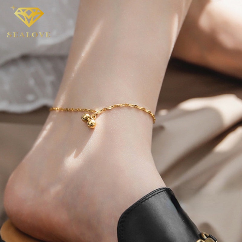 Gelang kaki titanium anti karat wanita 18k emas liontin lonceng Bisa membuat suara premium perhiasan titanium asli aksesoris Korea