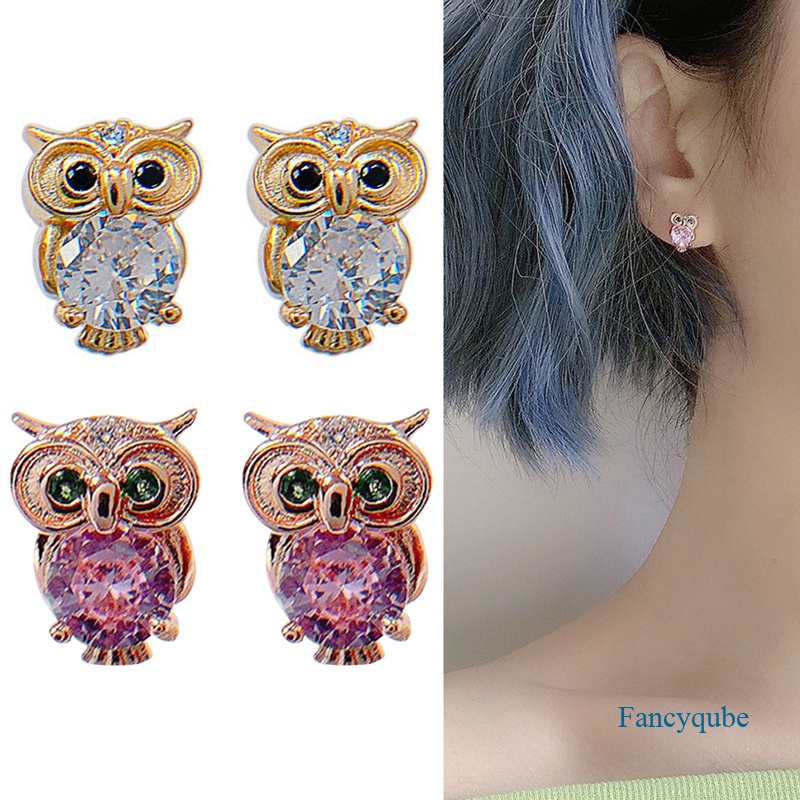 Fancyqube Anting Desain Burung Hantu Aksen Kristal Untuk Wanita