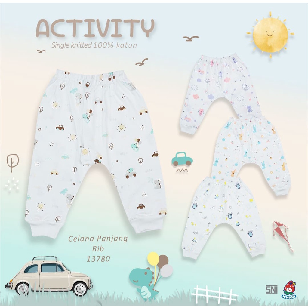 Ichigo Stelan Lengan Pendek &amp; Celana Panjang Putih Activity (0-3 Bulan) Isi 3 Pcs.  IC-SPDCPJPA/3