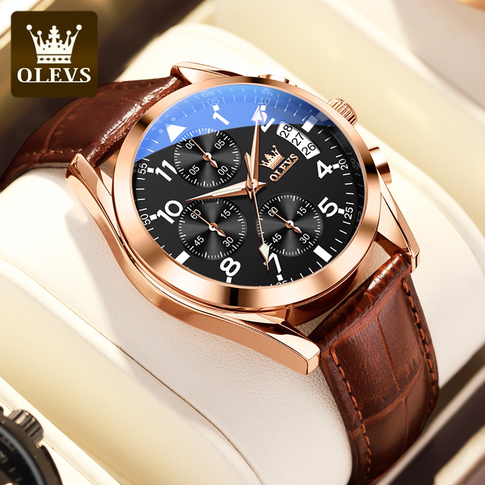 OLEVS Jam Tangan Pria Original Anti Air Kulit Tahan Keren Luminous Hitam Coklat Luxury Chronograph Watch Men Multifungsi