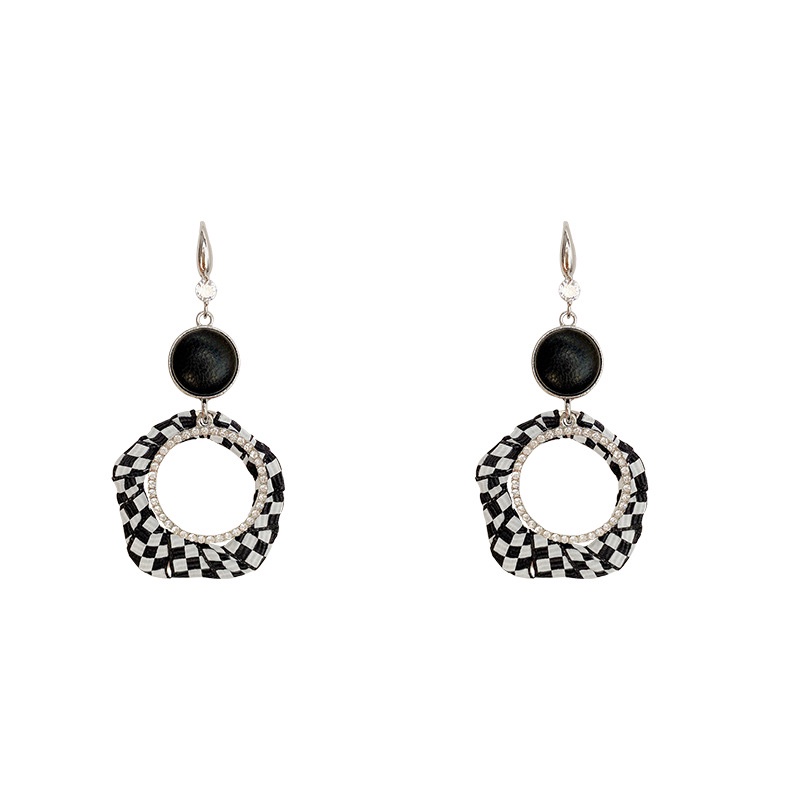 Anting Tusuk Gantung Bahan Sterling silver 925 Desain Geometri Hias Berlian Hitam Putih Untuk Wanita
