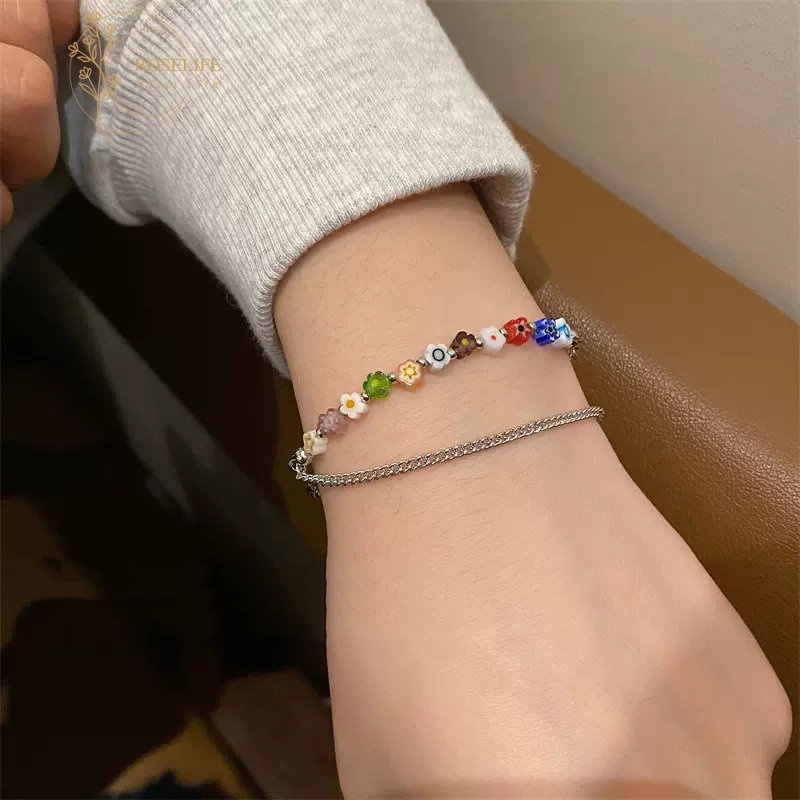 Roselife Gelang Tangan Rantai Silver Wanita Desain Bunga Resin Pelangi layer Ganda Gaya Korea