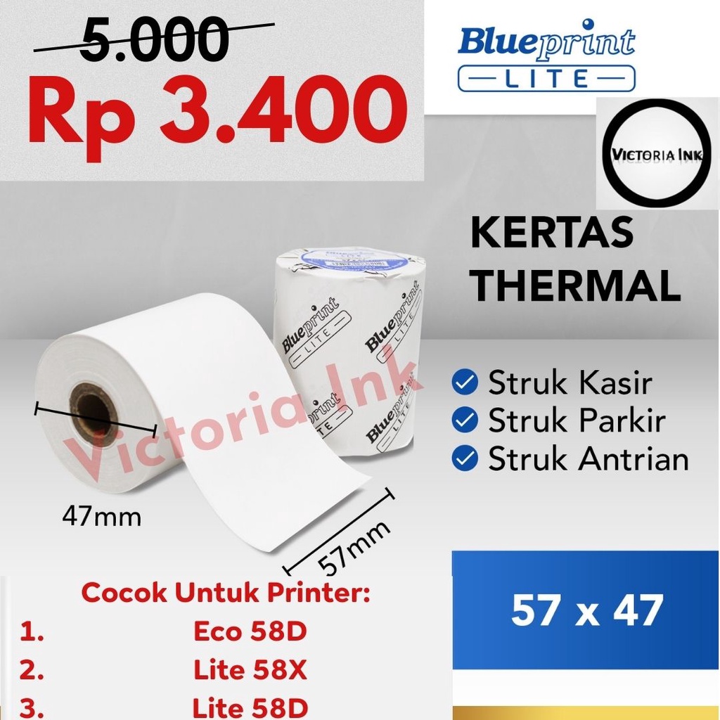 Kertas Thermal 57x47 Blueprint Lite Kertas Struk Kasir 57x47 57×47 Lite 58D Lite 58X Eco 58D - Tipe Core