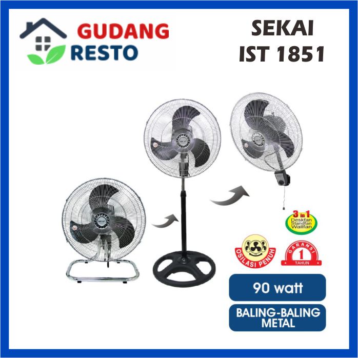 Sekai Kipas Angin Besi Tornado 18" inch 3 in 1 IST-1851 Industrial Standing Wall Desk Fan KIPAS BERD