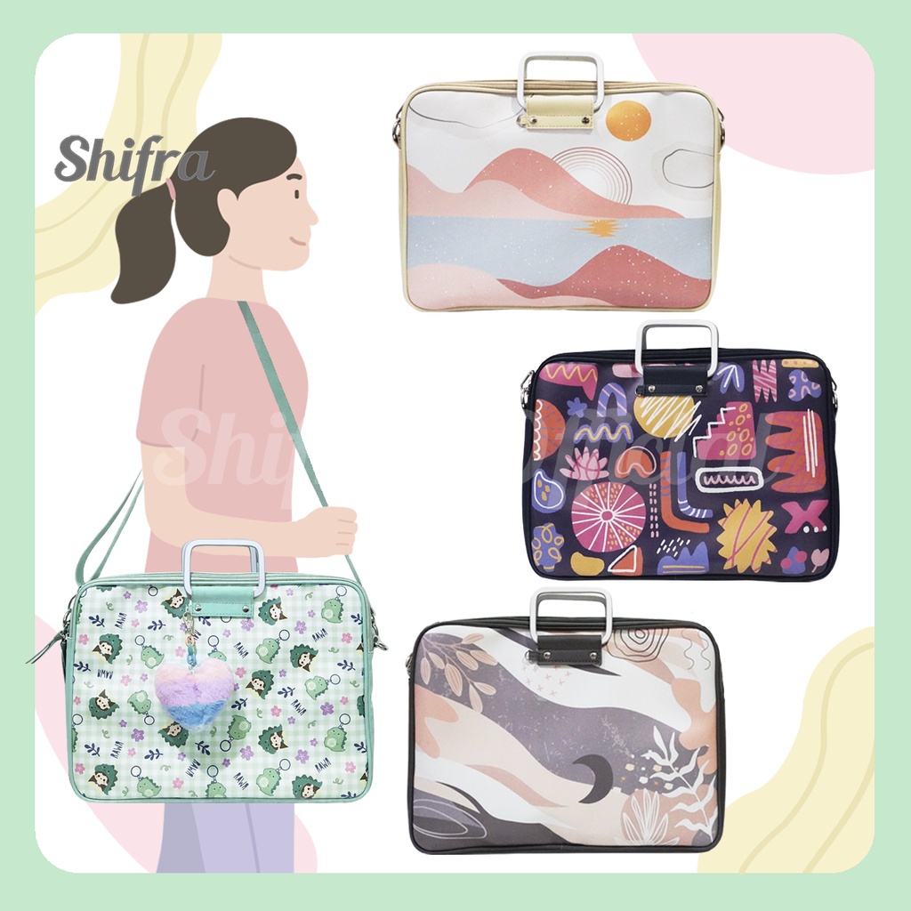 Shifra Tas Laptop Selempang Gagang Metal Tali Panjang Dino Panda Unicorn Cat Set Pouch