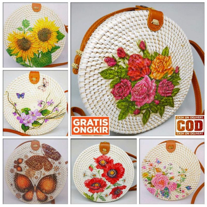 tas rotan bali motif deco gambar ukuran 20cm, 18cm, 15cm tali gesper ( tali diatur )