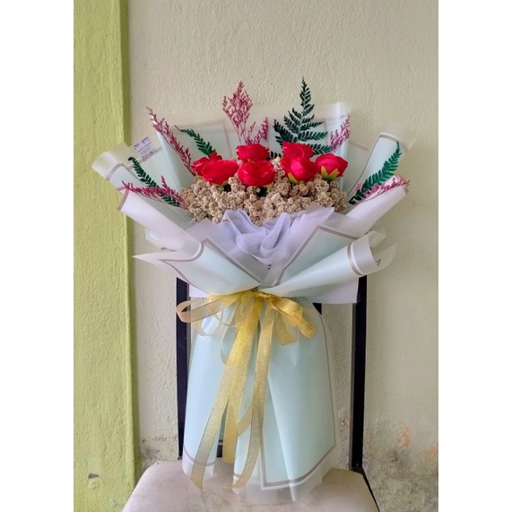 BUKET_BUNGA artificial mawar merah mix edelweis murah