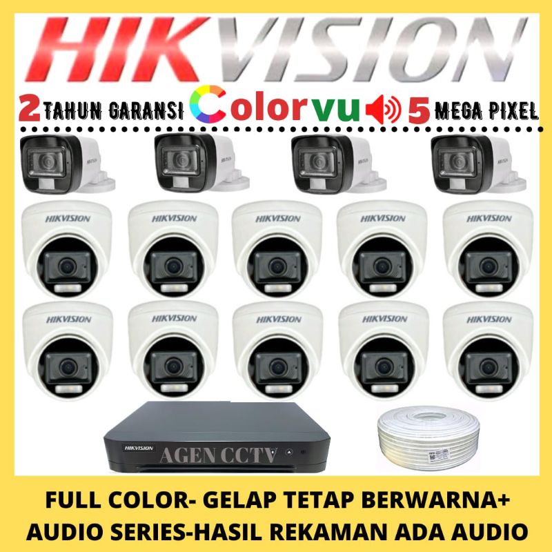 PAKET CCTV HIKVISION COLORVU 5MP 16 CHANNEL 14 KAMERA AUDIO FULL COLOR