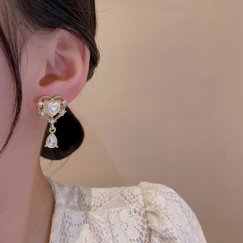Anting Tusuk Sterling silver 925 Model Hati Dengan Mutiarabatu Zircon Mewah Retro Untuk Wanita
