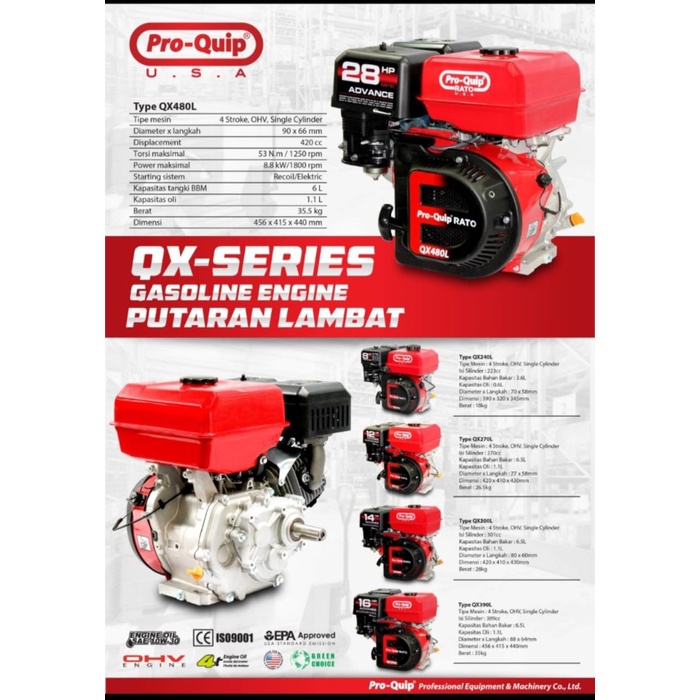 Mesin Bensin Serbaguna Putaran Lambat Proquip QX480L GX480