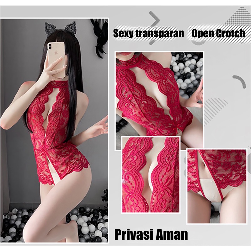 Lingerie Sexy Open Crotch Jumpsuit transparan hot Seksi Renda Baju Tidur 3A556