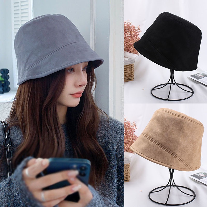 Topi Bucket Pria / Wanita Bahan Suede Imitasi Warna Polos Untuk Musim Dingin