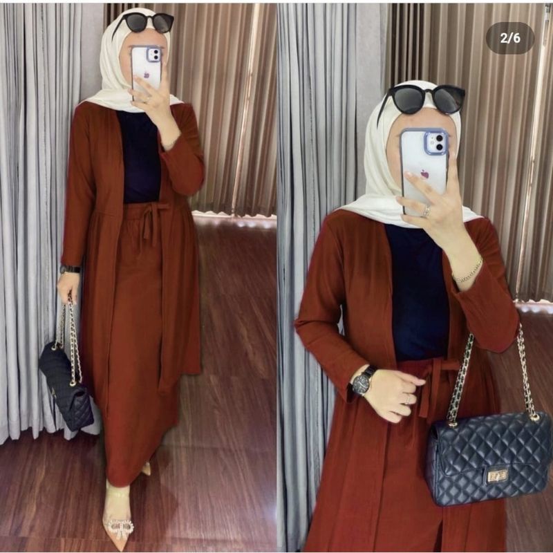Baju Wanita Muslim Set Cardi 2in1 Diora Polos Modern Fashion Pakaian Remaja Perempuan Model Kekinian