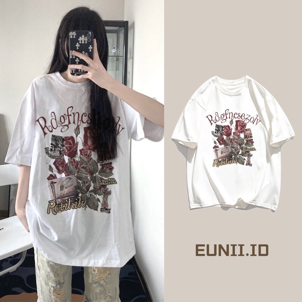 EUNII T-shirt Lengan Pendek Retro Mawar Pencetakan Longgar Korean Style/Kaos Atasan Wanita/Baju Kaus Oversize Wanita