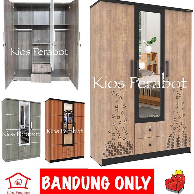 Lemari pakaian 3 pintu kaca panjang, 2 laci, gantungan / lemari kayu / lemari baju