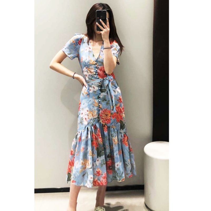 SUMMER DRESS GAUN PANTAI FLOWER MOTIF BUNGA FLORAL BAHAN SIFON IMPOR IMPORT AKSEN HIASAN KANCING DEPAN ADA BELT TALI IKAT PINGGANG SENADA KAIN BISA SESUAIKAN UKURAN PERUT PINGGANG