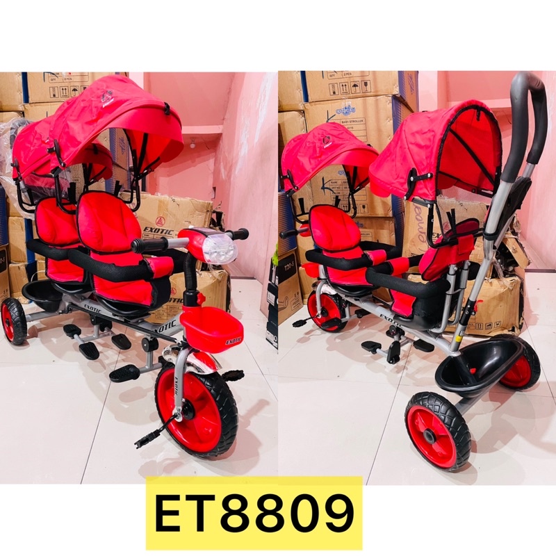 SEPEDA DORONGAN RODA TIGA ANAK KEMBAR STROLLER ANAK KEMBAR / 2 BANGKU ET8809 8809 LW366 SB1013 EXOTIC