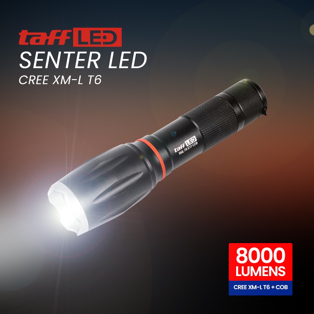 Paket Senter LED Torch Cree XM-L T6 8000 Lumens + Baterai + Charger + Box - E17 COB - TFFL04BK Black